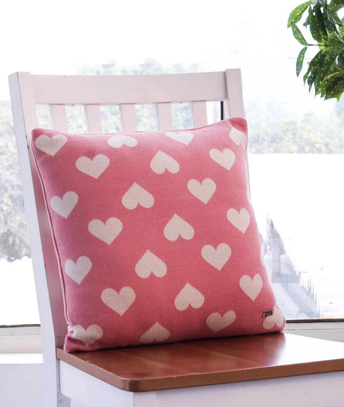 All Over Hearts Cotton Knitted Decorative Blossom & Natural Color 16 x 16 Inches Cushion Cover