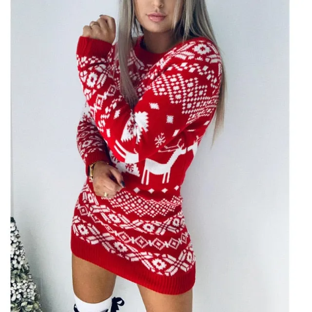 Amy Fashion - Christmas Deer Knitted Long Sleeve Sweater Dress