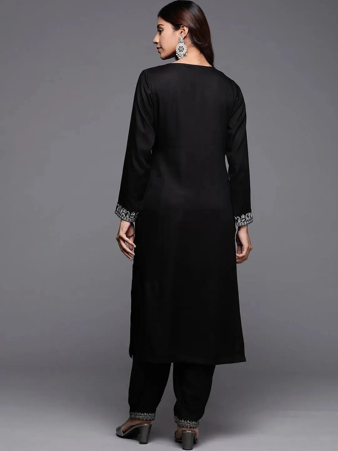 Black Embroidered Pashmina Wool Straight Kurta