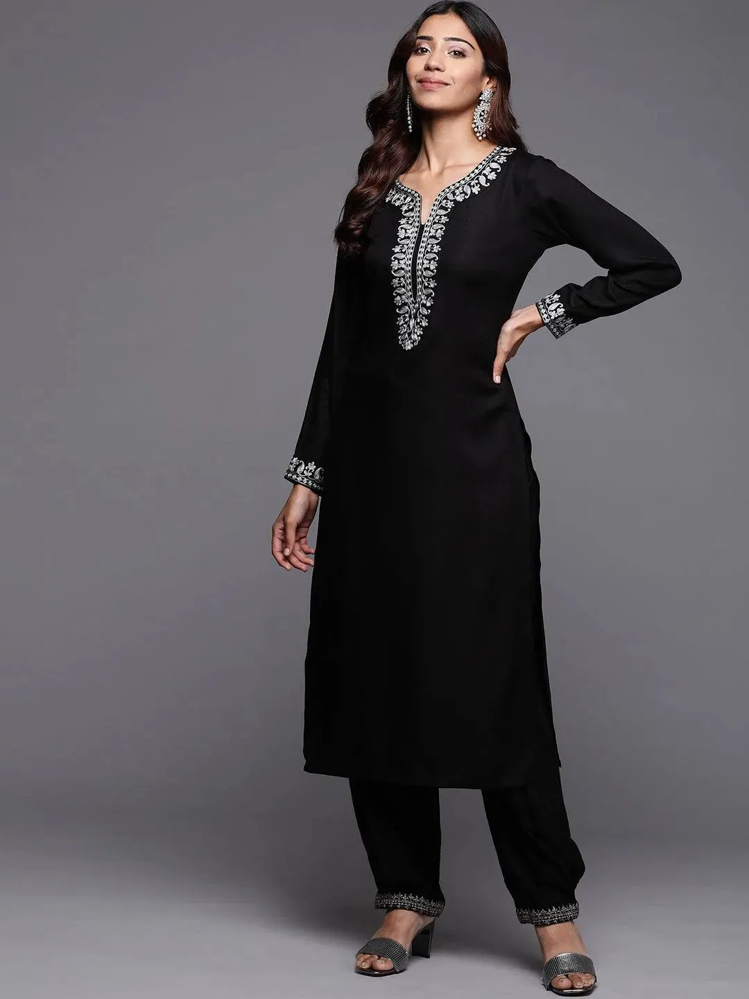 Black Embroidered Pashmina Wool Straight Kurta