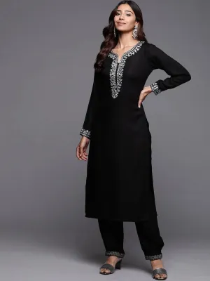 Black Embroidered Pashmina Wool Straight Kurta