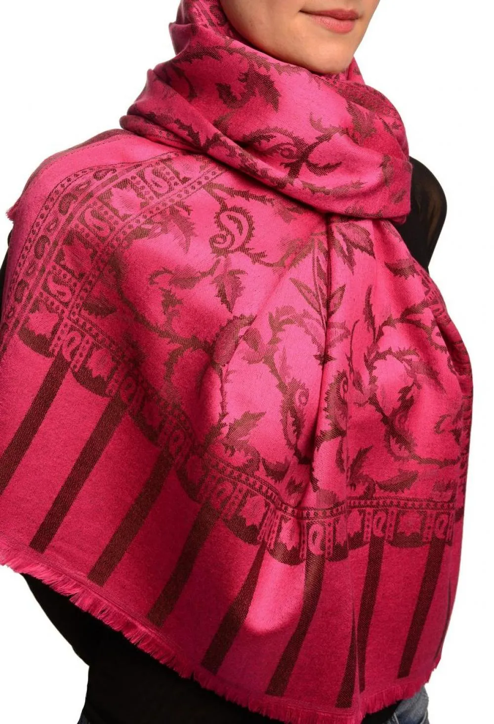 Black Large Paisley On Fuchsia Pink Pashmina Feel