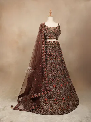 Brown Silk Lehenga Adorned with Floral Threadwork Embroidery paired with Dupatta