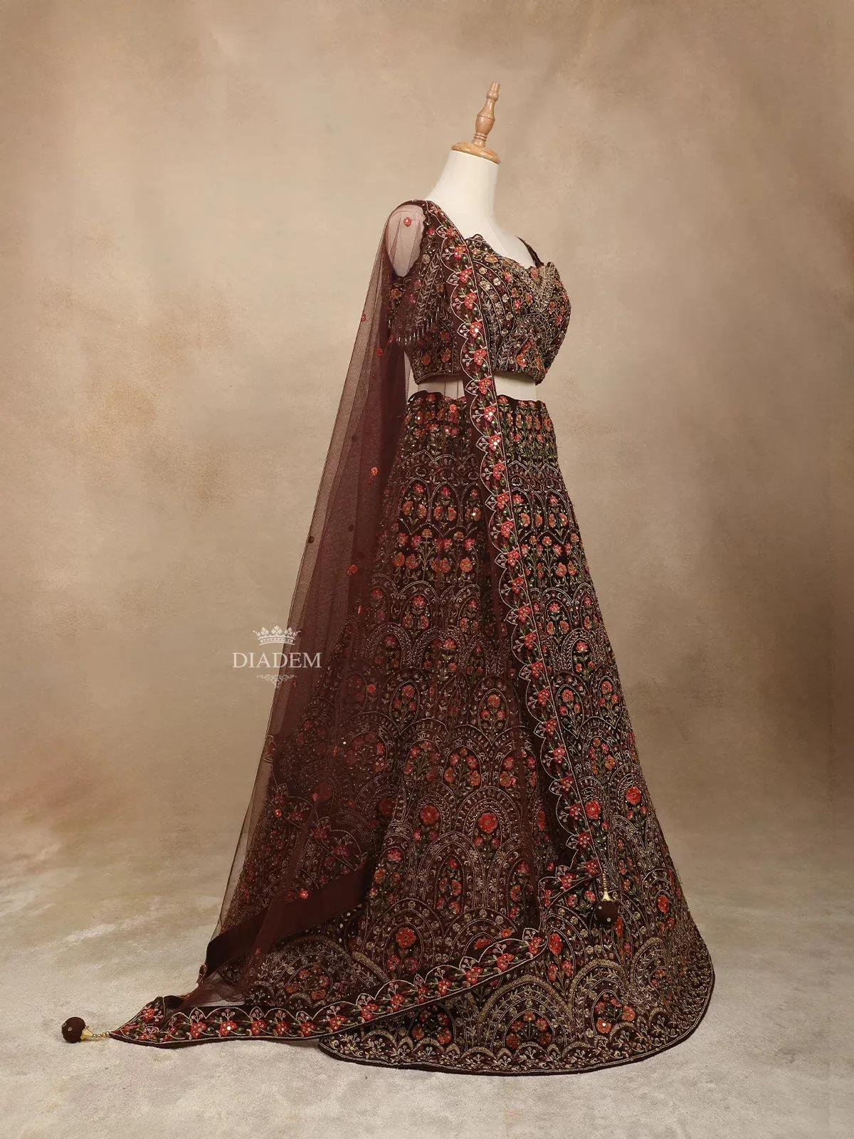 Brown Silk Lehenga Adorned with Floral Threadwork Embroidery paired with Dupatta