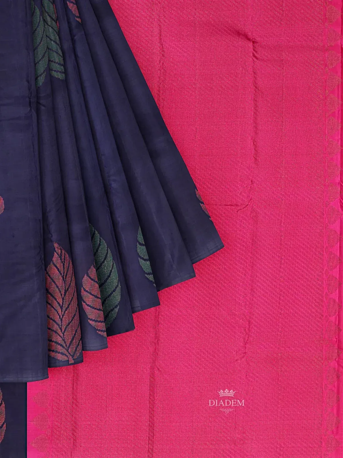 Dark Blue Pure Kanchipuram (Bridal) Silk Saree with Floral Motif on the Body and without Border