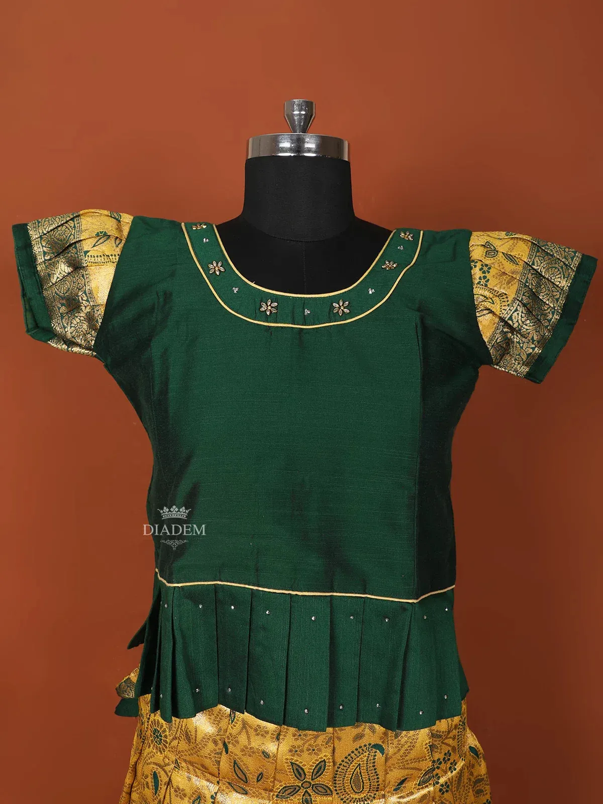 Dark Green Silk Pattu Pavadai Set Adorned with Stones and Zariwork