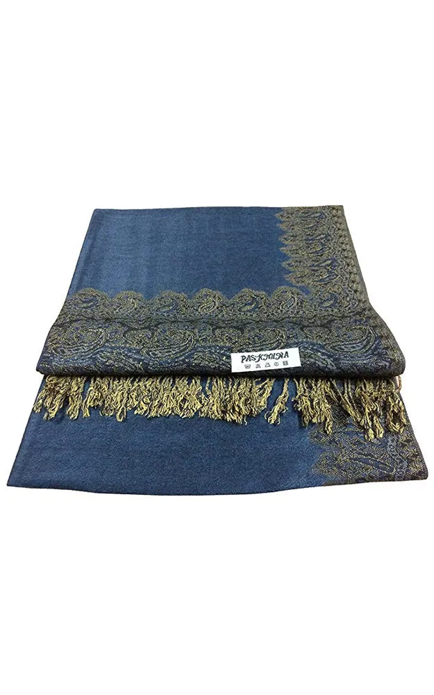 DB003-10 Indigo Dark Blue Border Print Pashmina Scarf