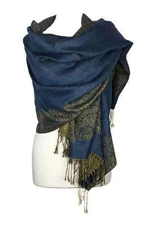 DB003-10 Indigo Dark Blue Border Print Pashmina Scarf