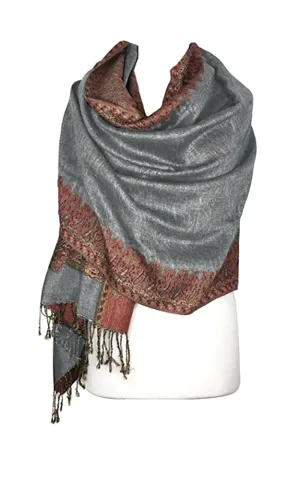 DB003-21 Grey Border Print Pashmina Scarf