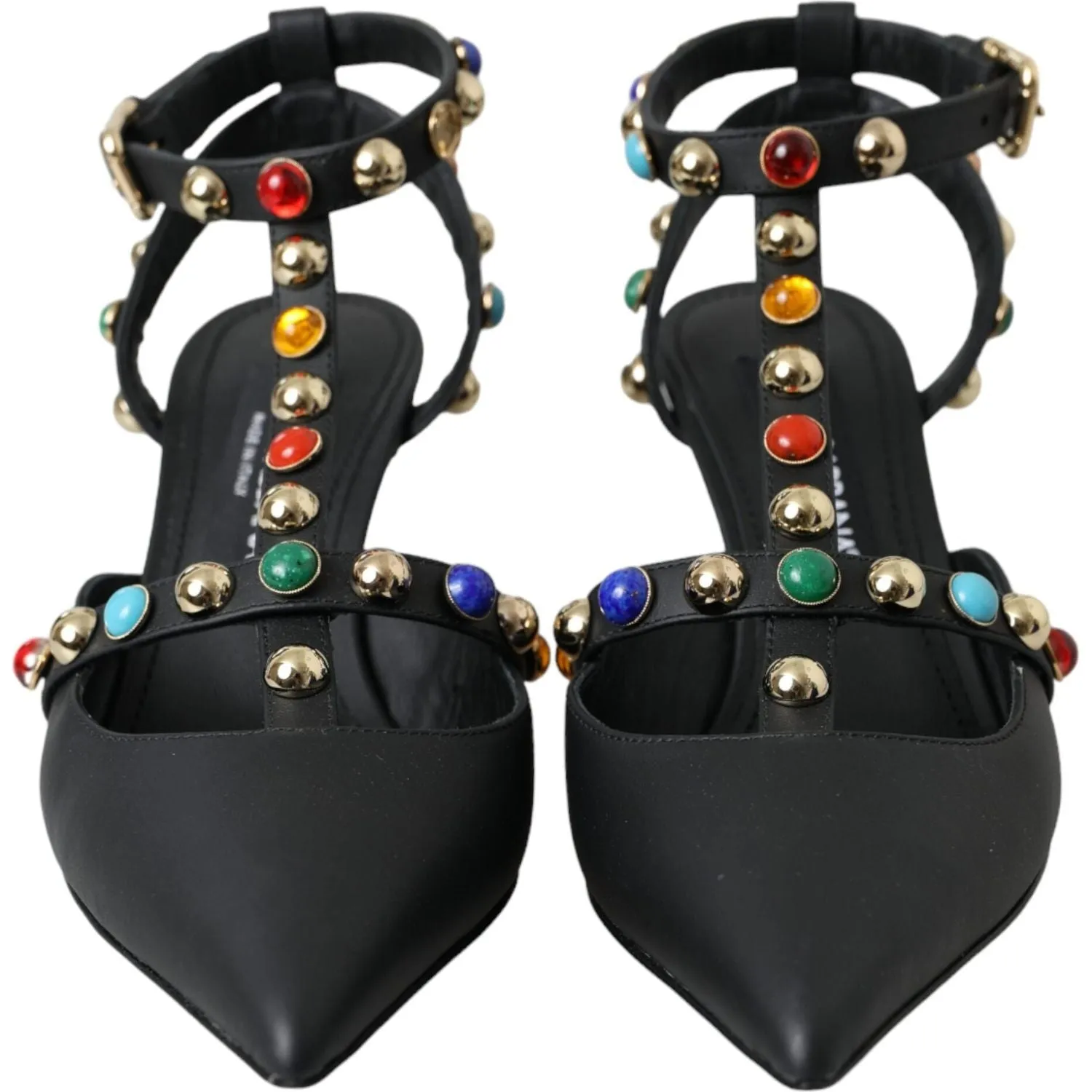 Dolce & Gabbana Black Leather Embellished Heels Sandal Shoes