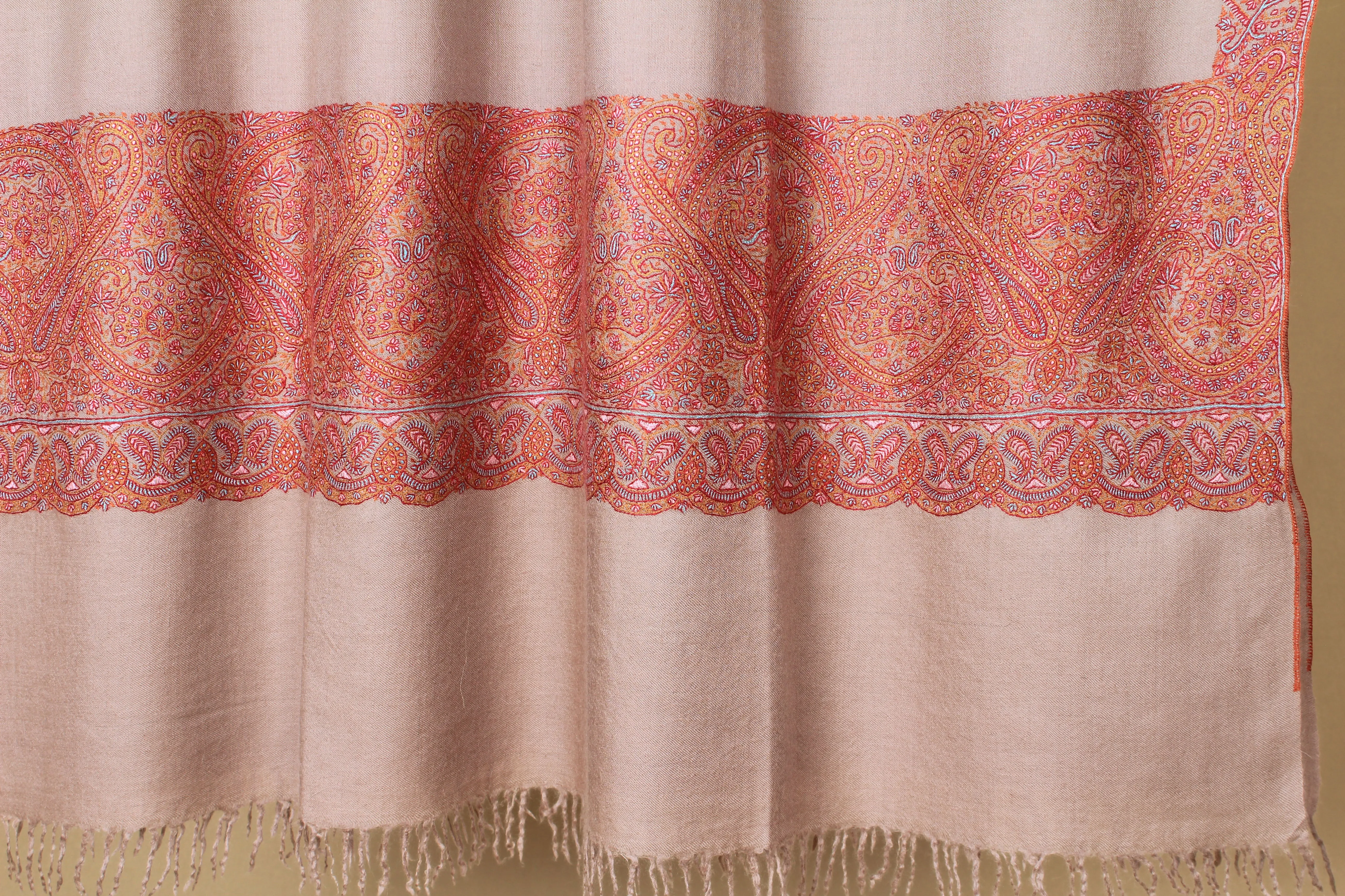 Elaaf Light Taupe Paldar Sozni Embroidered Pashmina Shawl