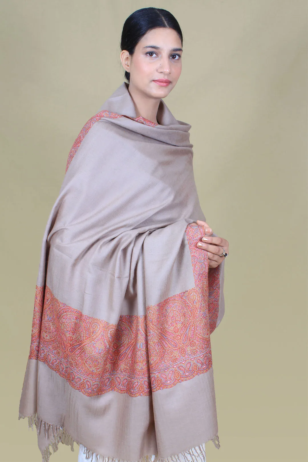 Elaaf Light Taupe Paldar Sozni Embroidered Pashmina Shawl