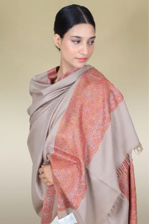 Elaaf Light Taupe Paldar Sozni Embroidered Pashmina Shawl