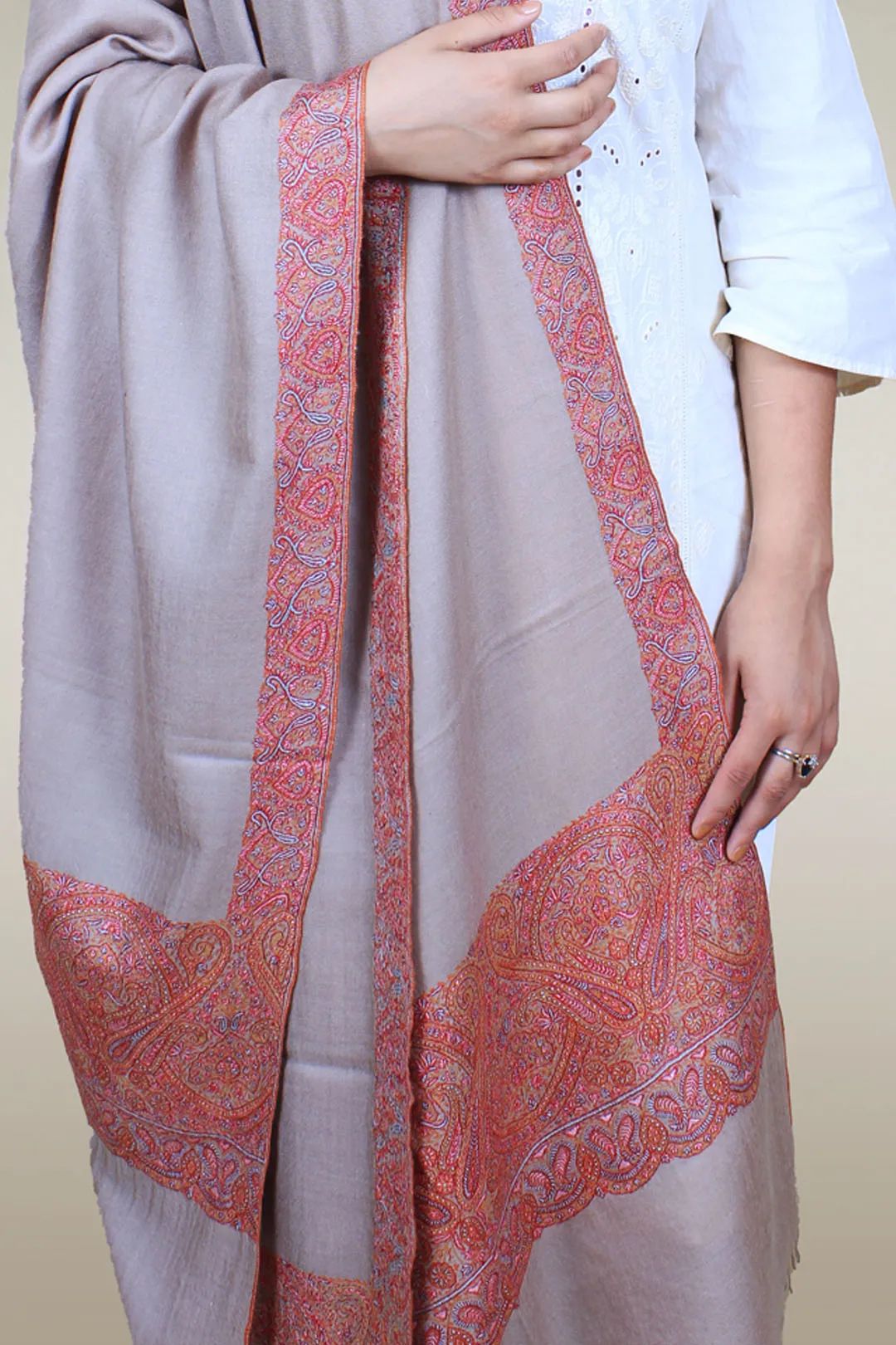 Elaaf Light Taupe Paldar Sozni Embroidered Pashmina Shawl