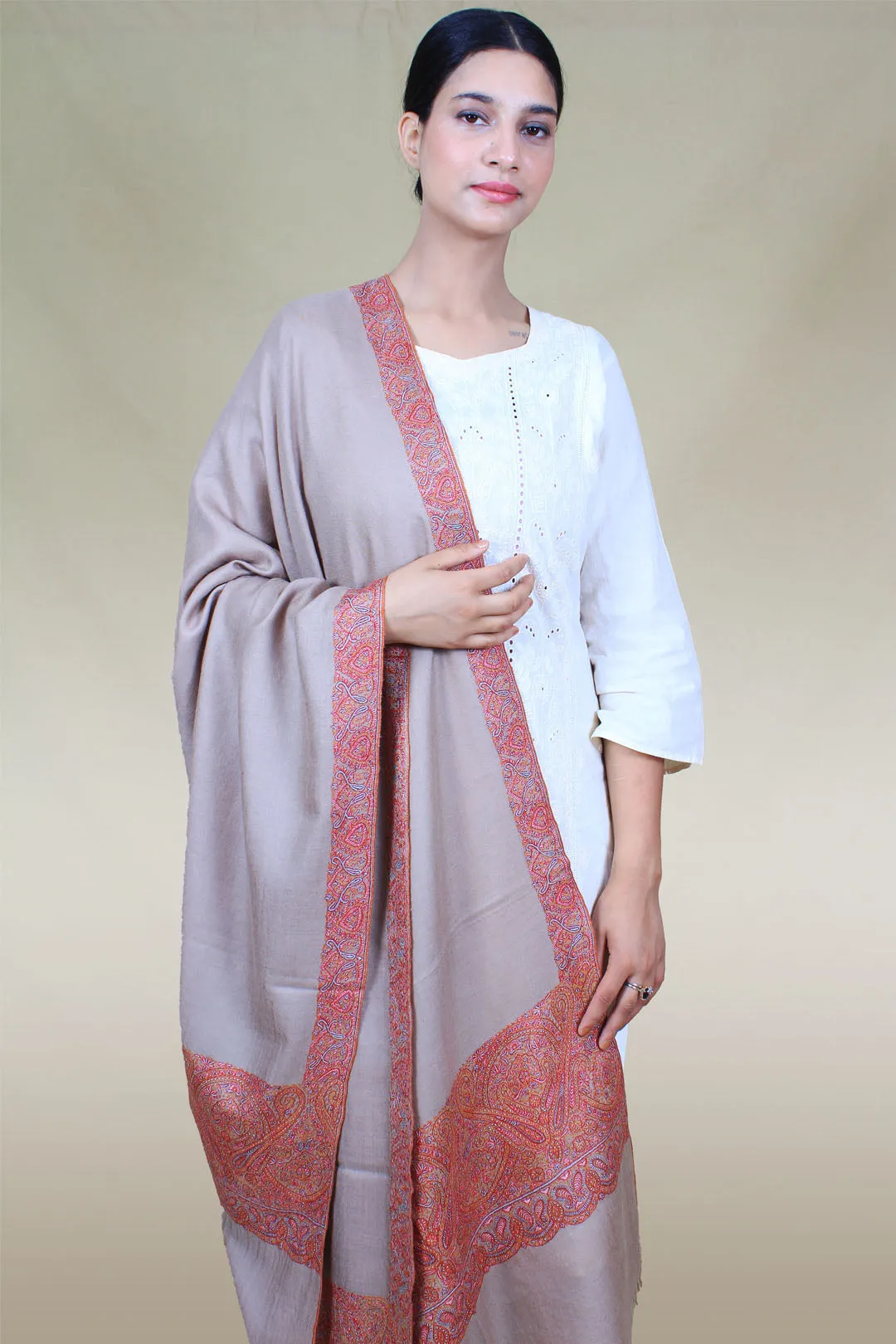 Elaaf Light Taupe Paldar Sozni Embroidered Pashmina Shawl