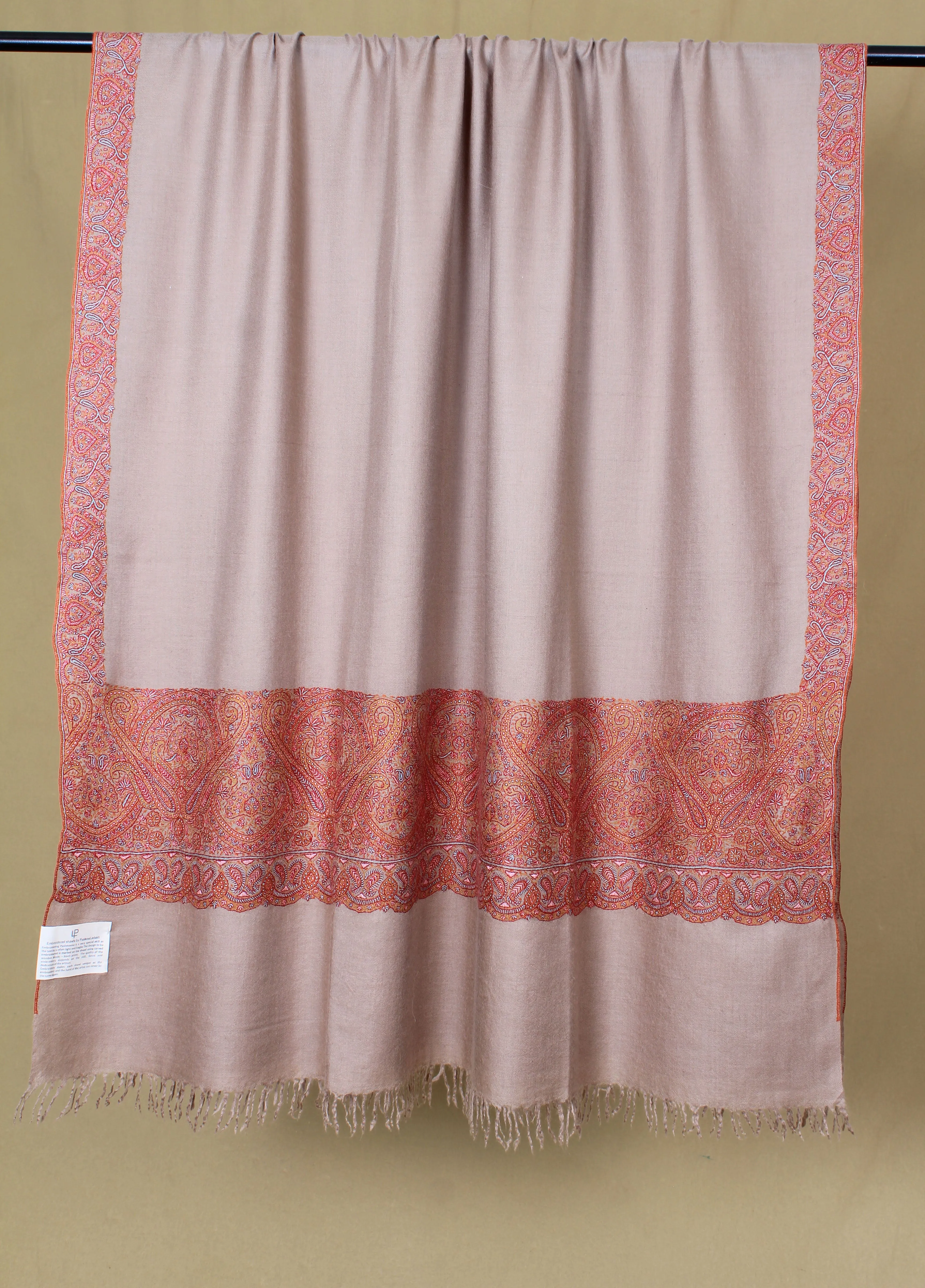 Elaaf Light Taupe Paldar Sozni Embroidered Pashmina Shawl