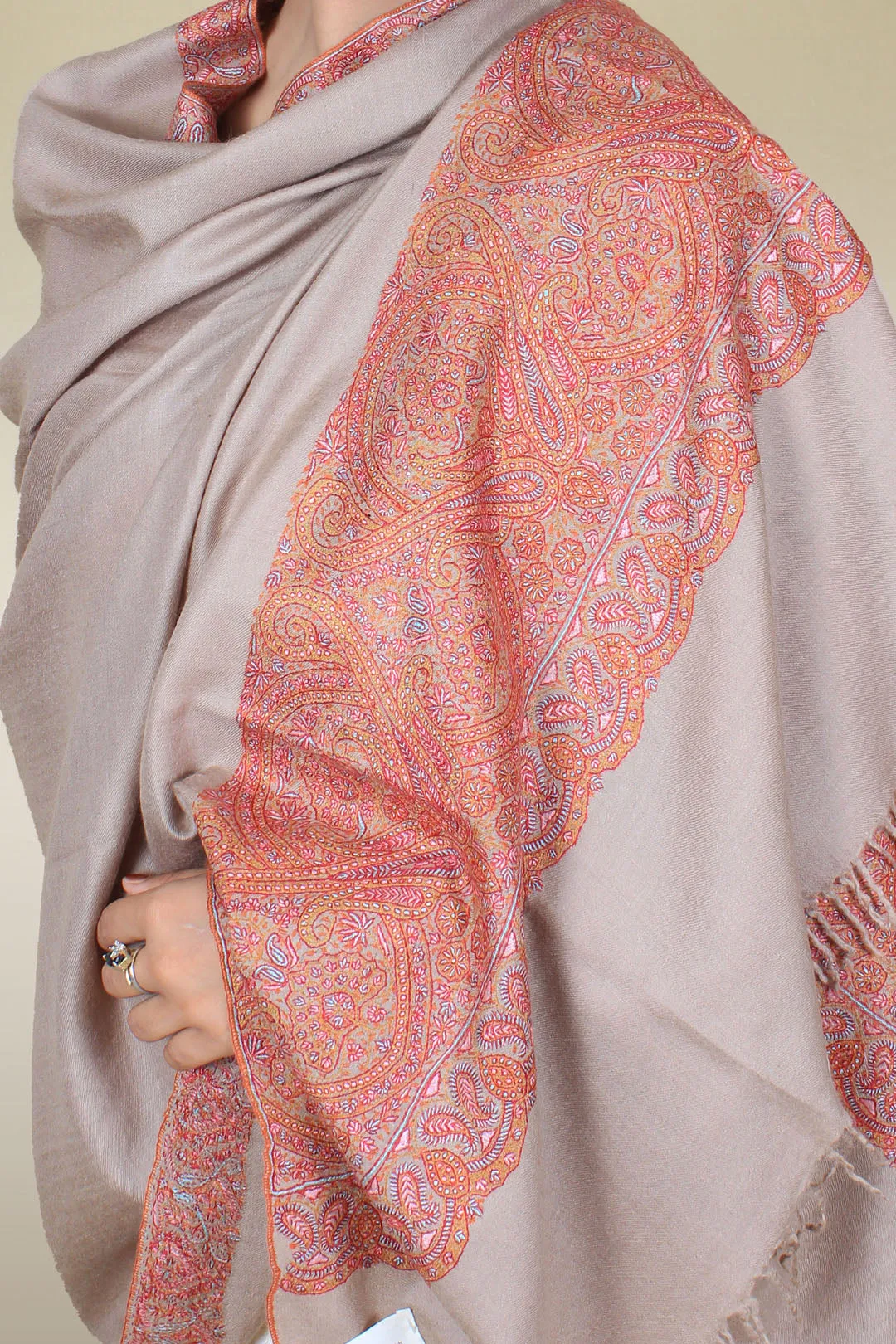 Elaaf Light Taupe Paldar Sozni Embroidered Pashmina Shawl