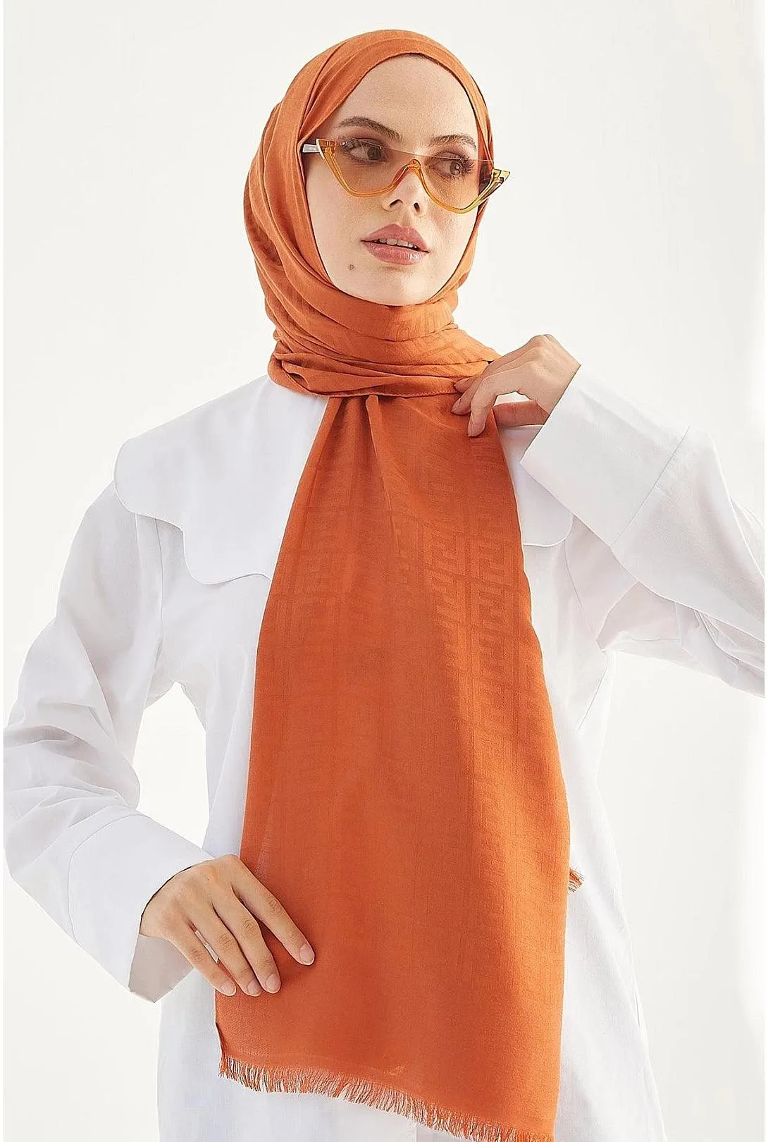 F Pattern Jacquard Cotton Shawl - Orange | Elegant Flora Design Hijab Scarf