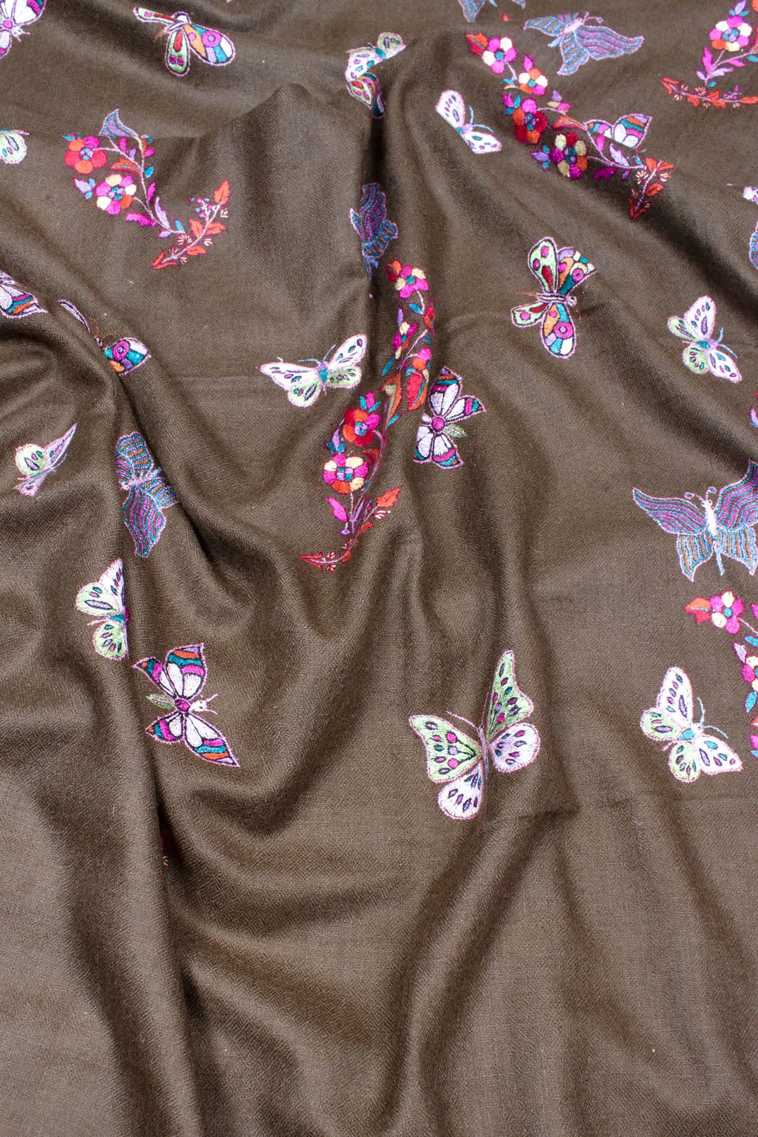 Fari'ah Dark Taupe Buti & Butterlies Embroidered Pashmina Shawl