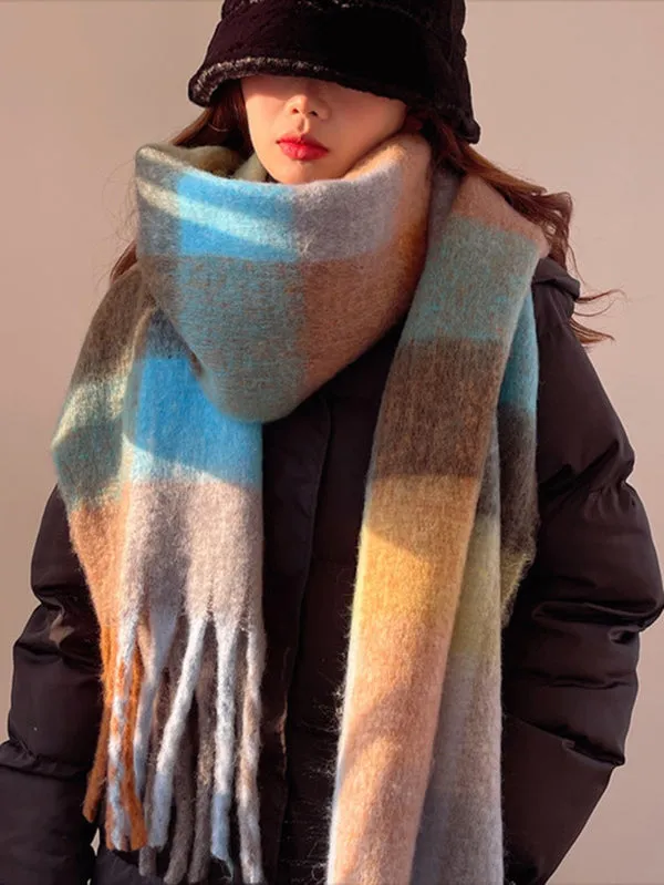 Fashion Keep Warm Tasseled Checkered Shawl&Scarf