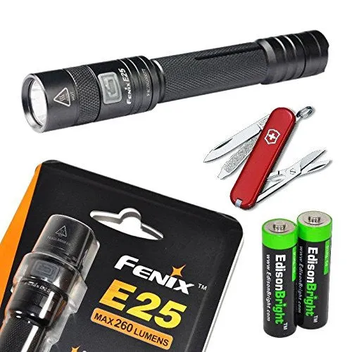 Fenix E25 260 Lumen CREE XP-E2 Flashlight with Victorinox Swiss Army Classic Knife 58mm with Two EdisonBright AA batteries