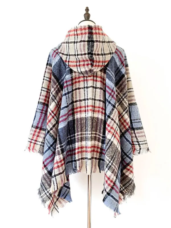 Fringed Hooded Keep Warm Plaid Cape Shawl&Cloak