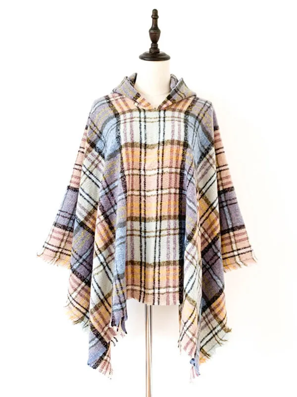 Fringed Hooded Keep Warm Plaid Cape Shawl&Cloak