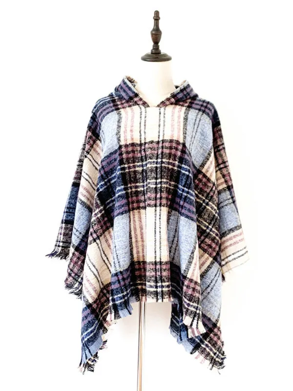 Fringed Hooded Keep Warm Plaid Cape Shawl&Cloak