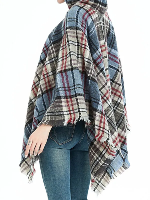 Fringed Hooded Keep Warm Plaid Cape Shawl&Cloak