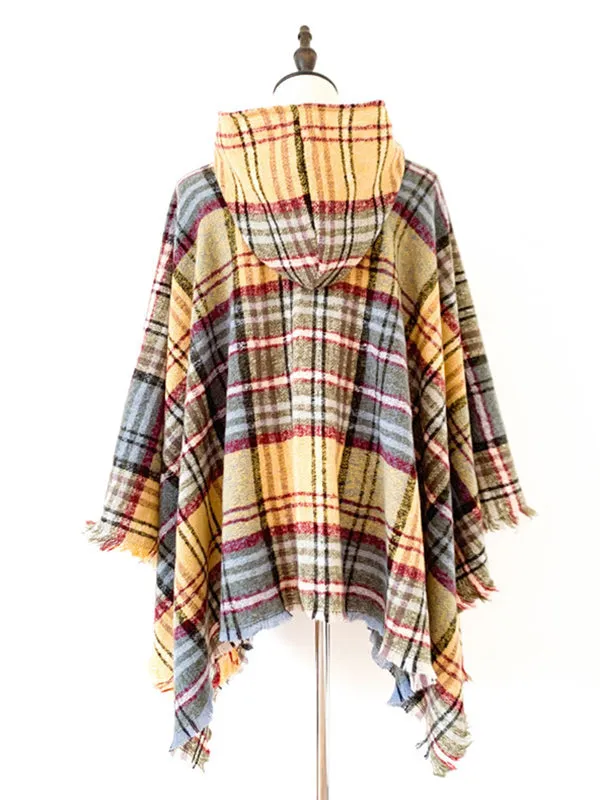 Fringed Hooded Keep Warm Plaid Cape Shawl&Cloak