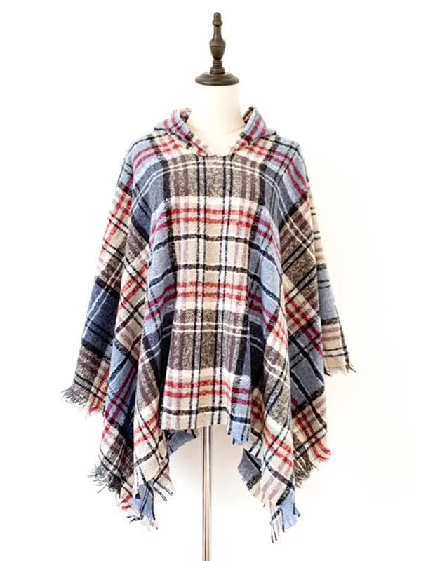 Fringed Hooded Keep Warm Plaid Cape Shawl&Cloak