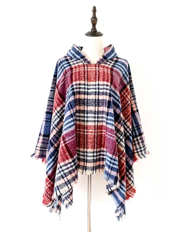 Fringed Hooded Keep Warm Plaid Cape Shawl&Cloak