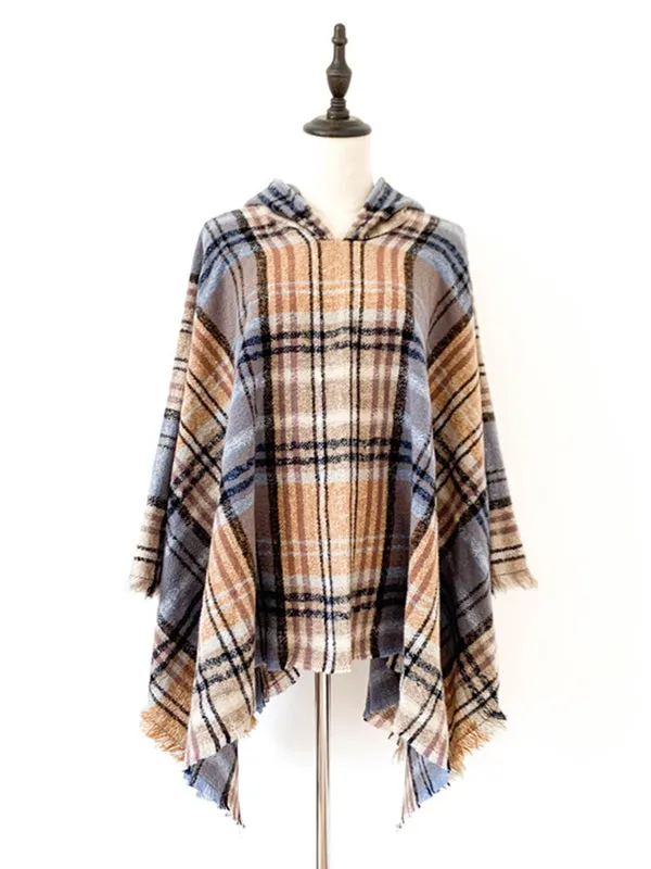 Fringed Hooded Keep Warm Plaid Cape Shawl&Cloak