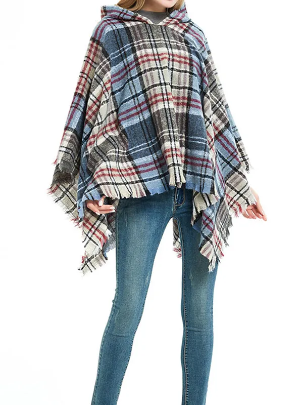 Fringed Hooded Keep Warm Plaid Cape Shawl&Cloak