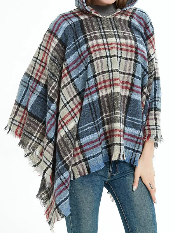 Fringed Hooded Keep Warm Plaid Cape Shawl&Cloak