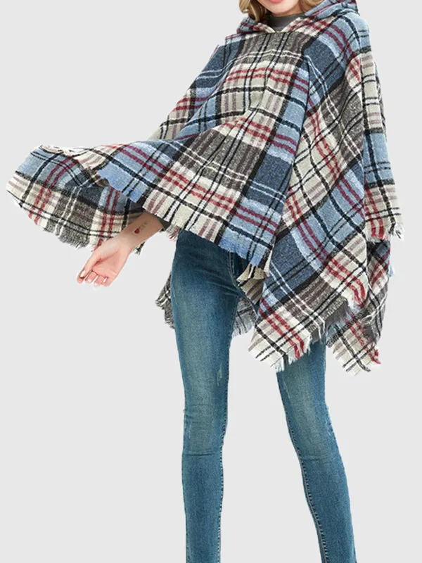 Fringed Hooded Keep Warm Plaid Cape Shawl&Cloak