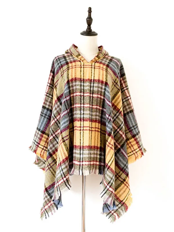 Fringed Hooded Keep Warm Plaid Cape Shawl&Cloak