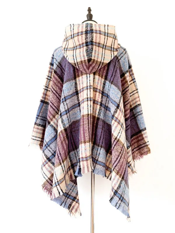 Fringed Hooded Keep Warm Plaid Cape Shawl&Cloak