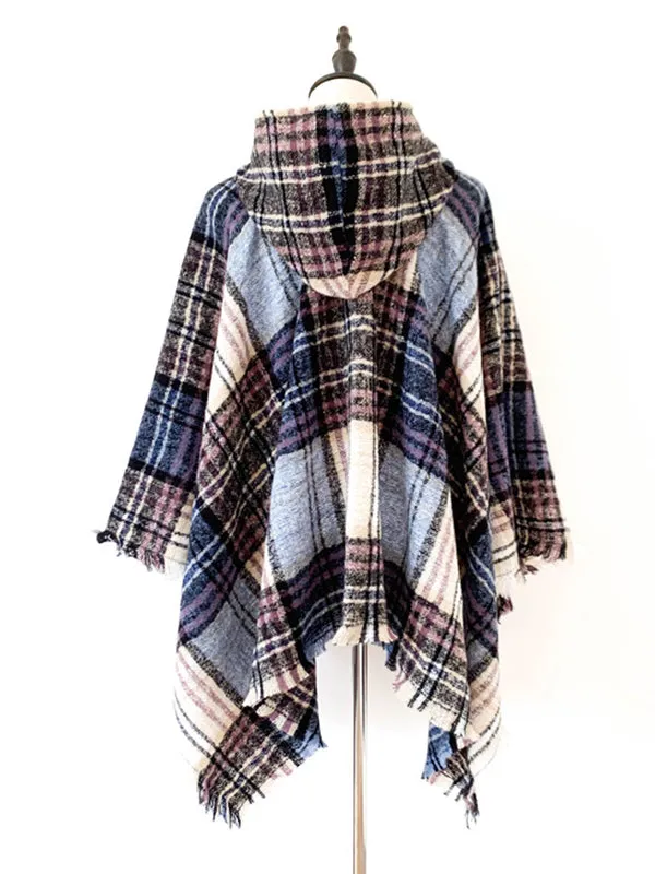 Fringed Hooded Keep Warm Plaid Cape Shawl&Cloak