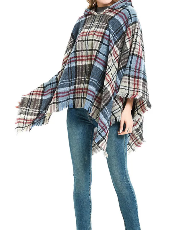 Fringed Hooded Keep Warm Plaid Cape Shawl&Cloak