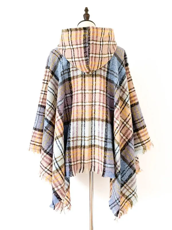 Fringed Hooded Keep Warm Plaid Cape Shawl&Cloak