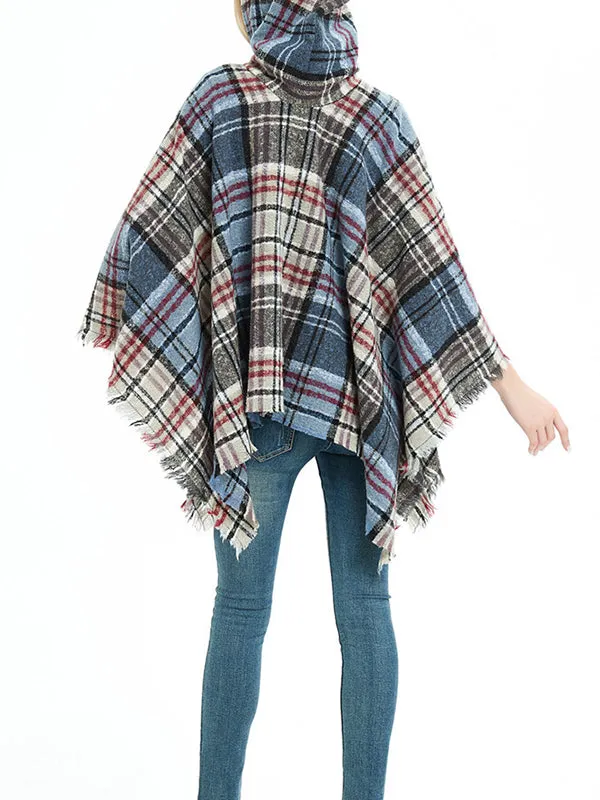 Fringed Hooded Keep Warm Plaid Cape Shawl&Cloak