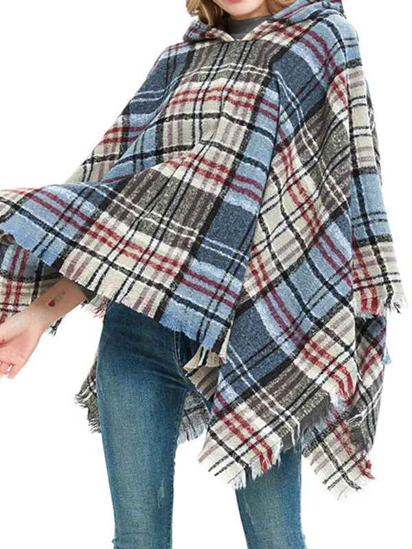 Fringed Hooded Keep Warm Plaid Cape Shawl&Cloak