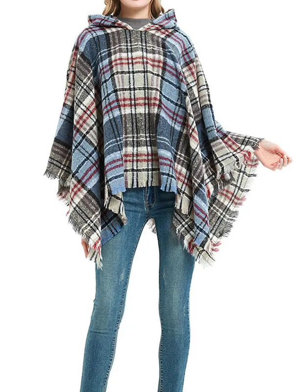 Fringed Hooded Keep Warm Plaid Cape Shawl&Cloak