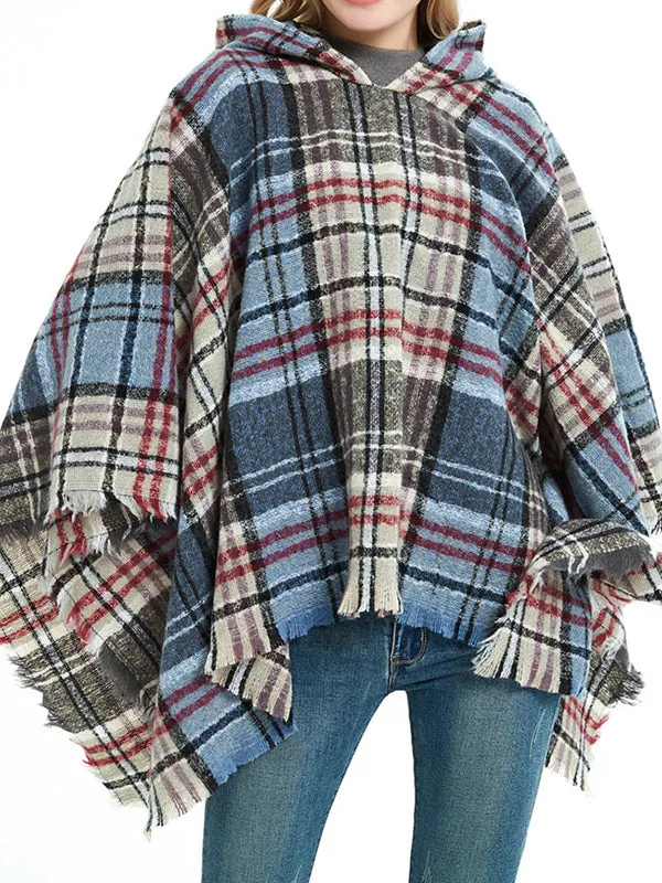 Fringed Hooded Keep Warm Plaid Cape Shawl&Cloak