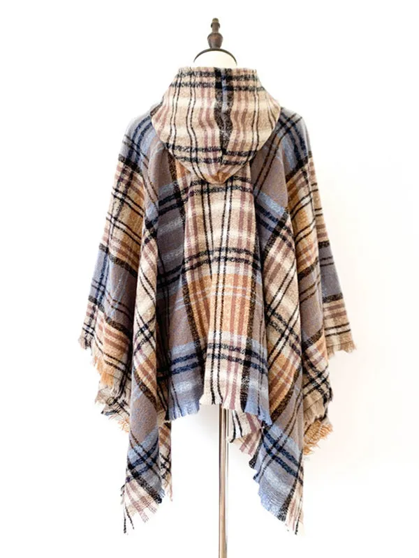 Fringed Hooded Keep Warm Plaid Cape Shawl&Cloak