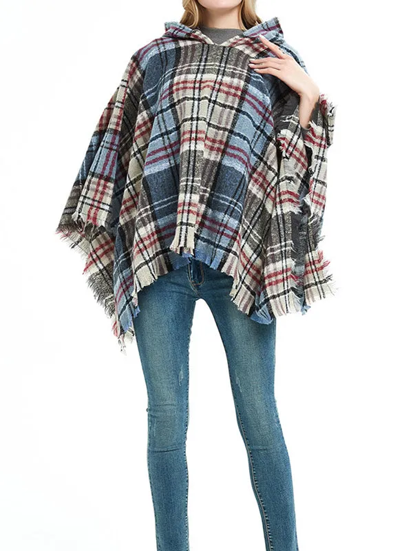 Fringed Hooded Keep Warm Plaid Cape Shawl&Cloak