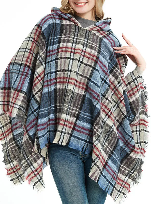 Fringed Hooded Keep Warm Plaid Cape Shawl&Cloak