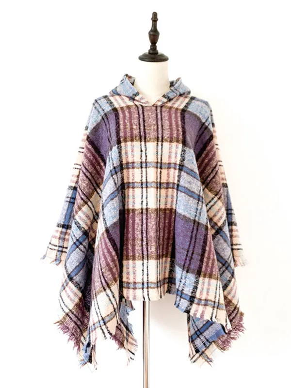 Fringed Hooded Keep Warm Plaid Cape Shawl&Cloak