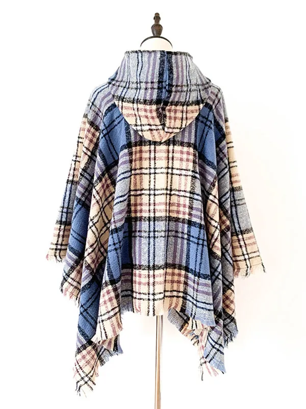 Fringed Hooded Keep Warm Plaid Cape Shawl&Cloak